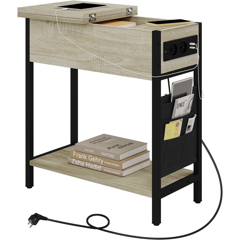 Khenifra End Table with Built-In Outlets, Oak Wood
