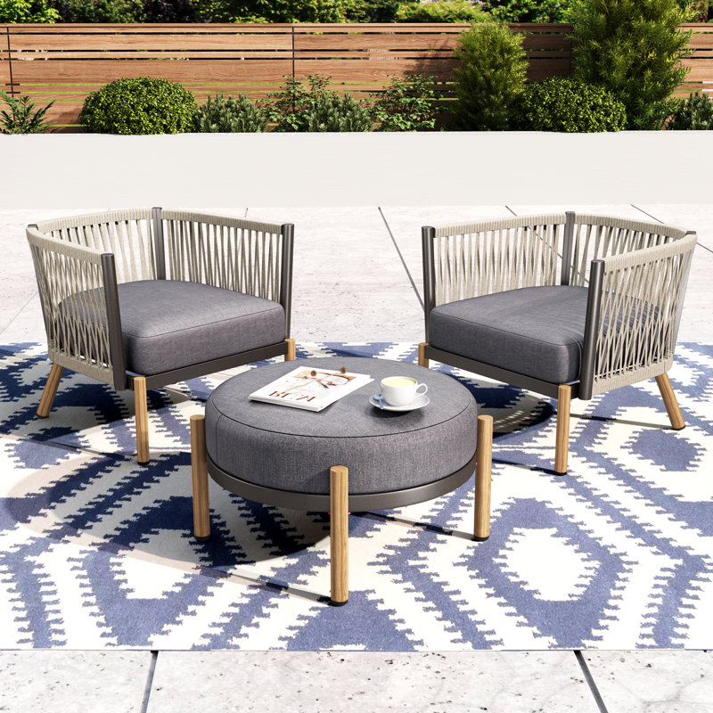 Two Patio Lounge Chairs With Cushions & An Ottoman