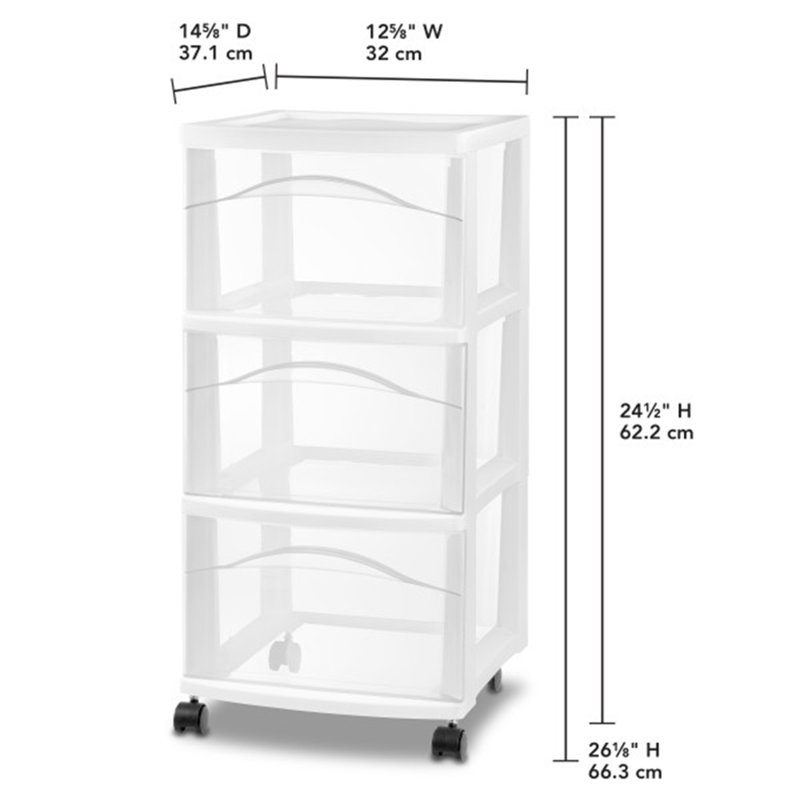 Sterilite 3 Drawer Storage Cart, Plastic Rolling Medium Organizer, White, 6 Pack