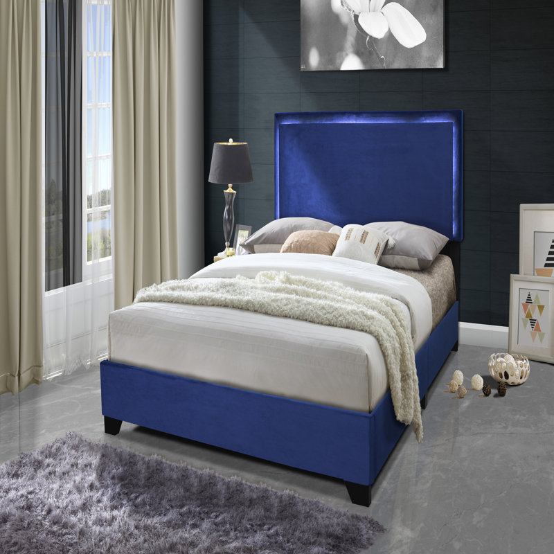 Structure de lit plateforme tapissier avec lumières DEL, QB, GR, Bleu, Grand