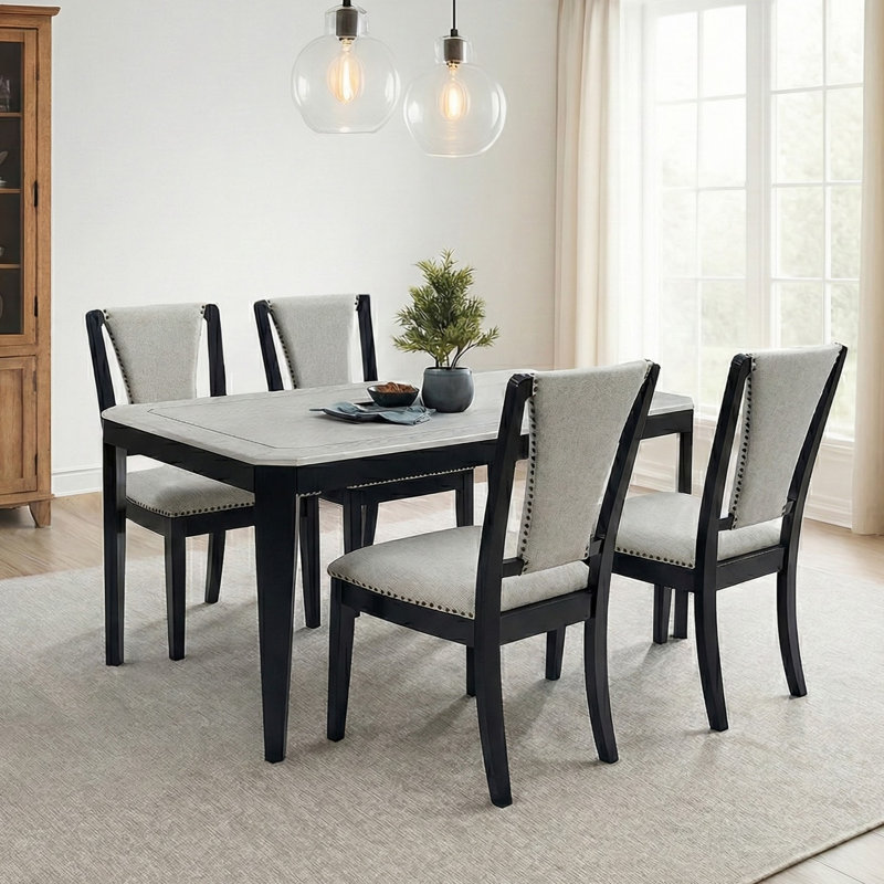 5-Piece Dining Set with Rubberwood Table & 4 Nailhead Trim Chairs, 5 Pieces: Table, 4 Chairs