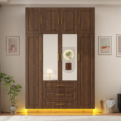 4 Door LED Armoire Wardrobe Closet With Mirror, 90.6'' Wardrobe Armoire With 3 Drawers, Hanging Rod & Cabinet For Bedroom