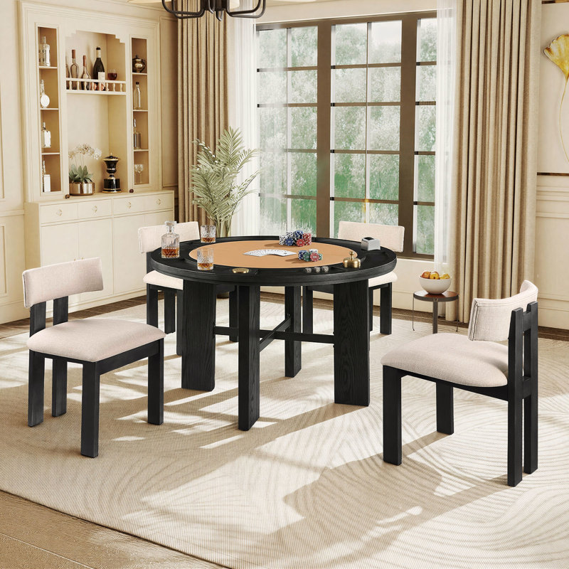 Table de salle à manger et de poker ronde 48 po 2 en 1, table de jeu avec 6 porte-gobelets, Brun