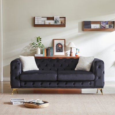 Canapé de luxe en velours de 82,5 pouces avec boutons capitonnés Chesterfield, 2 coussins et pieds en métal pour une vie élégante