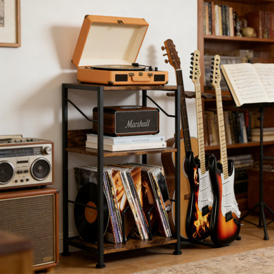 3-Tier Record Player Stand With Guitar Stand And Vinyl Storage For 200 Albums, Brown