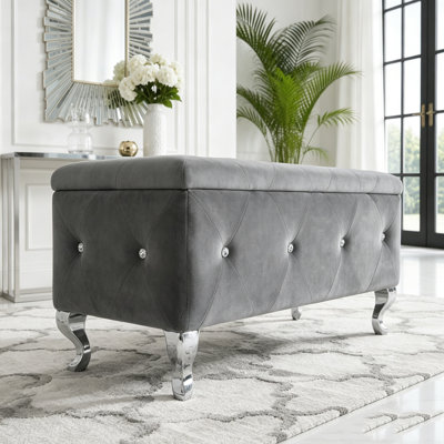 Velvet Storage Ottoman Bench with Crystal Buttons and Metal Legs