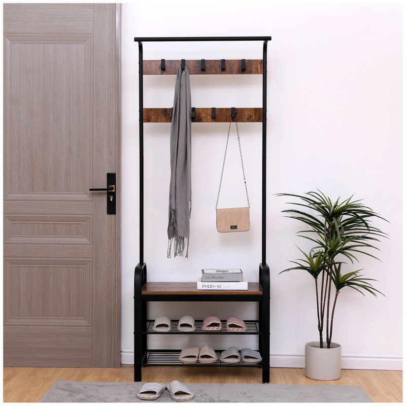 4-In-1 Hall Tree With Coat Rack, Shoe Bench, And Storage â€“ Features 9 Removable Hooks And Hanging Rod, Rustic Brown