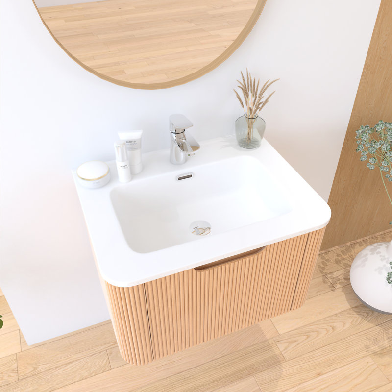 Meuble-lavabo mural flottant en noyer naturel avec lavabo en céramique intégré, 24"