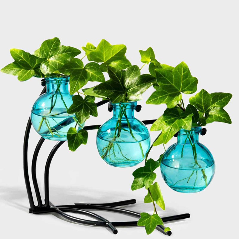 Creative 3 Piece Table Glass Bud Vase Set - Metal Holder, Aqua Blue