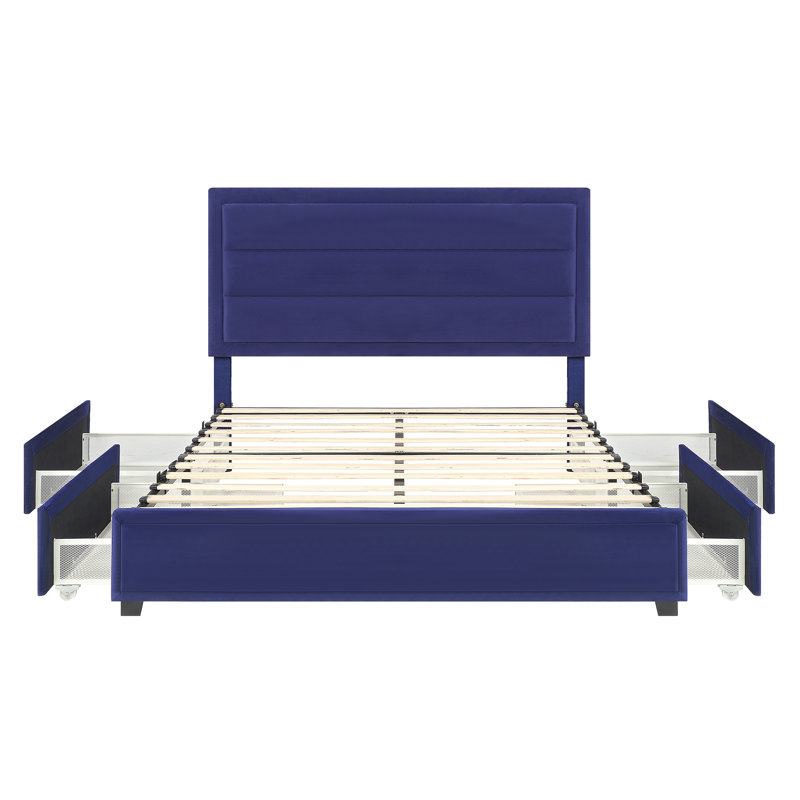 Lit plateforme tapissier avec rangement, Double, Bleu marine
