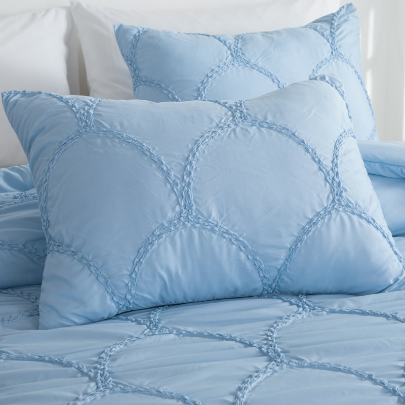 Scallop Embroidered Microfiber Comforter Set, Elastic Quilting, Oversized & Soft, Blue, King 3pcs Set, Blue