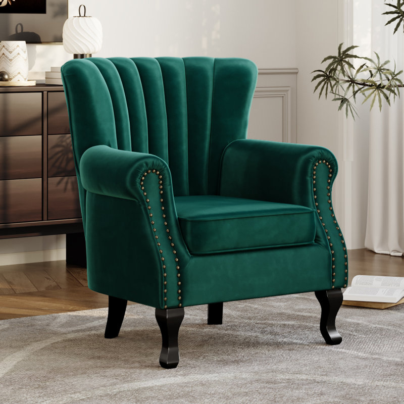 Tamworth 73Cm Wide  Velvet Channel Occasional Armchair Wingback Chair, Green Velvet
