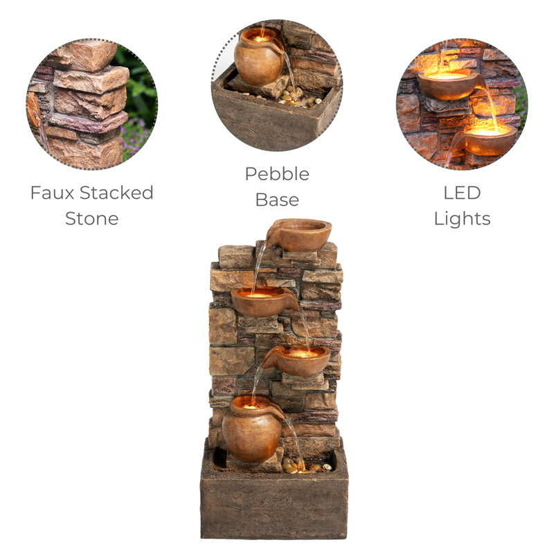 Eshell 8.5" Outdoor Water Fountain With LED Lights, Brown