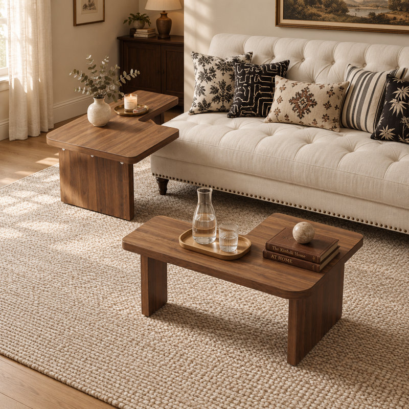 Table basse Mid-Century moderne en bois pour le salon, table d'appoint réglable gratuite, ensemble de 2, Brun