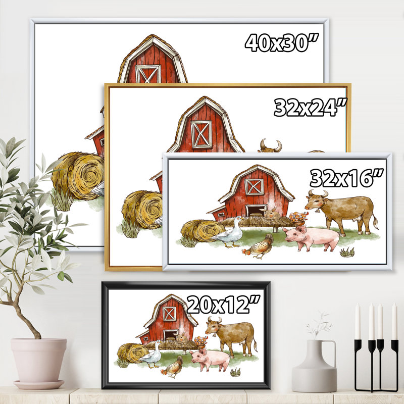 «Farm House With Goose Chicken Cow Pig And Haystack», reproduction sur toile flottante, Cadre blanc