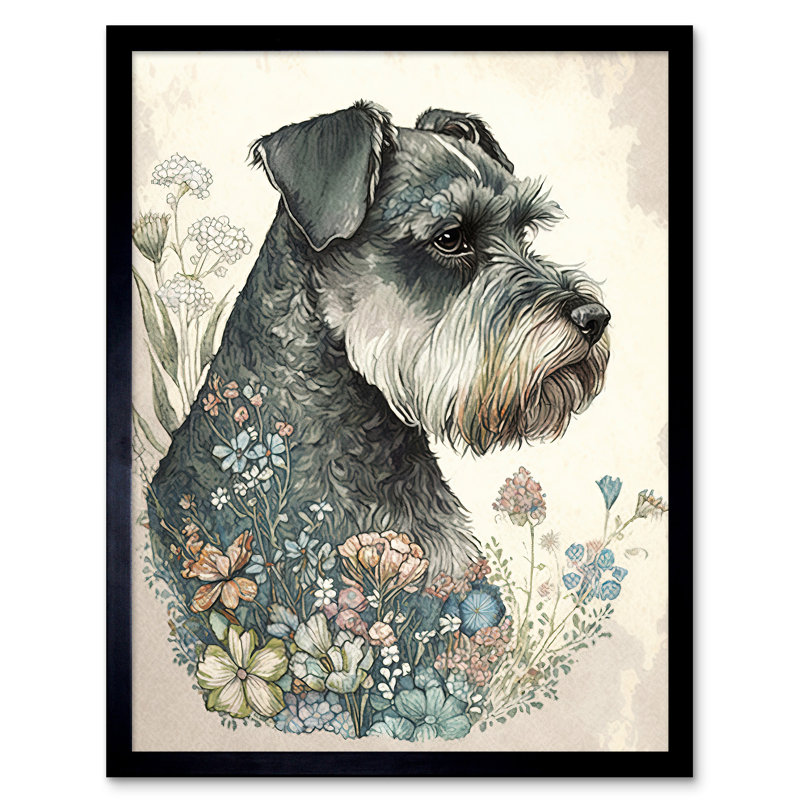 Grey Schnauzer Dog And Spring Flowers Boho Portrait Watercolour - Single Picture Frame Print