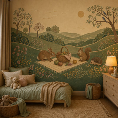 Papier peint pastoral, paysage, animaux, illustration rétro, décoration murale amovible