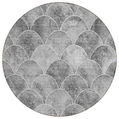 Tapis d'intérieur rond lavable abstrait gris anthracite et ivoire 8 pi