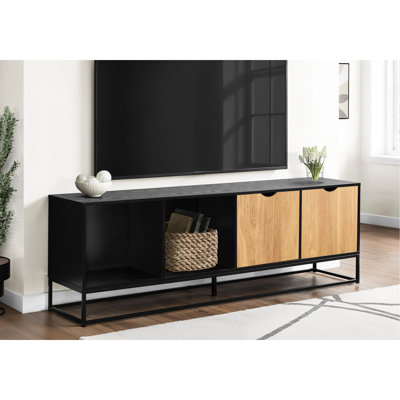 Meuble télé 72 po en stratifié noir contemporain avec pieds en métal pour le rangement des médias et le salon