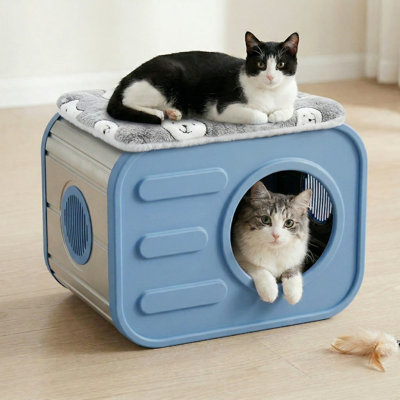 Outdoor Cat House Weatherproof With Cushion, Camera-shaped Resin Cat Shelter For Indoor Outdoor Use, Blue