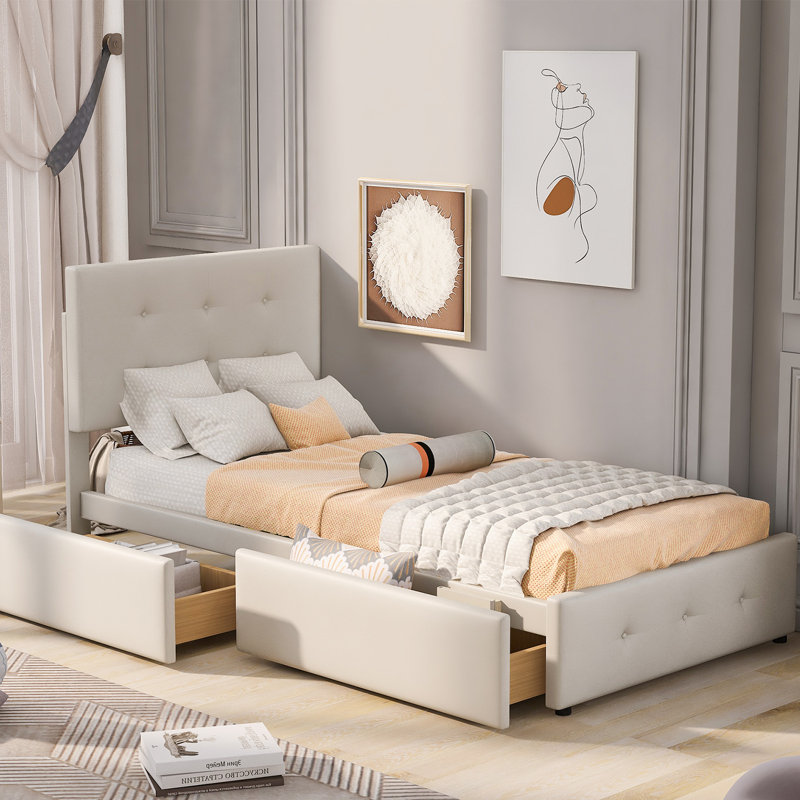 Yvoire Upholstered Storage Bed, Light Beige, European Single (90 x 200cm)