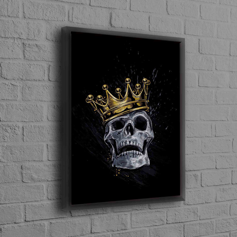 Modern Skull King Skeleton Art on Canvas for Unique Abstract Wall Decor, Framed Print without Mat, 20cm H x 30cm W, Black