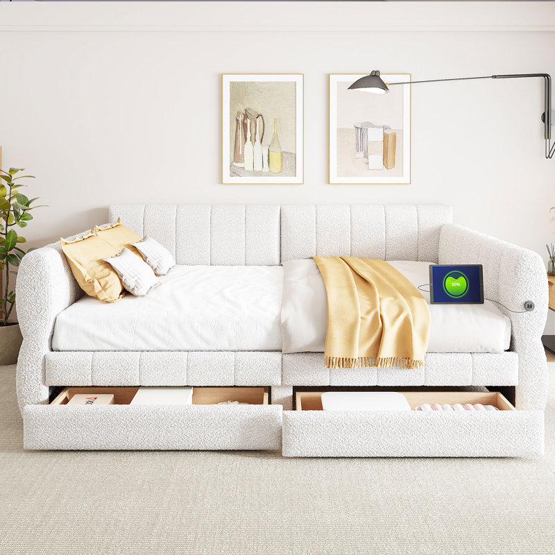 King Size Upholstered Platform Bed with USB, 2 Storage Drawers, Lambswool, No Box Spring, White, White