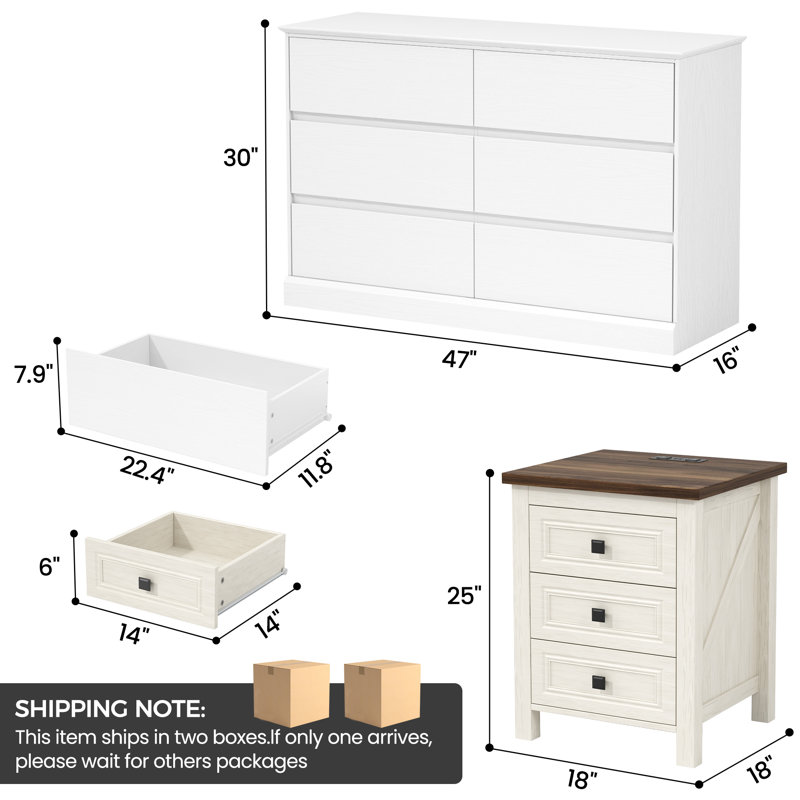 Ensemble de chambre à coucher 3 pièces avec commode à 6 tiroirs de 47,2 po et tables de chevet à 3 tiroirs avec stations de recharge