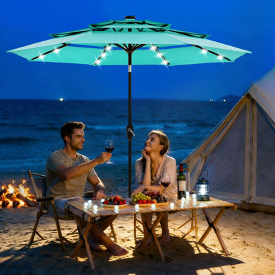Parasol solaire à 3 niveaux 9pi, lumières DEL, protection UV, manivelle inclinable, ventilé, 8 nervures, bleu turquoise