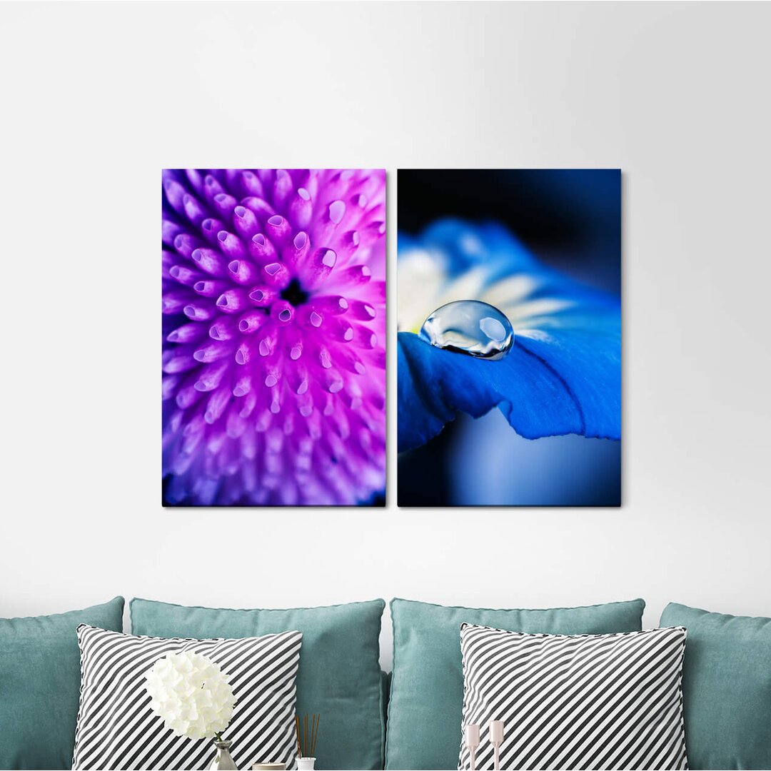 2-tlg. Leinwandbilder-Set - Fotografie „Coral Water Drops Blue Blossom Violet Soft Calming”