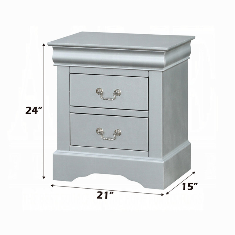 1Pc Traditional Classic 2-Drawers Nightstand Wooden Bedroom Furniture, Silver Duplicate