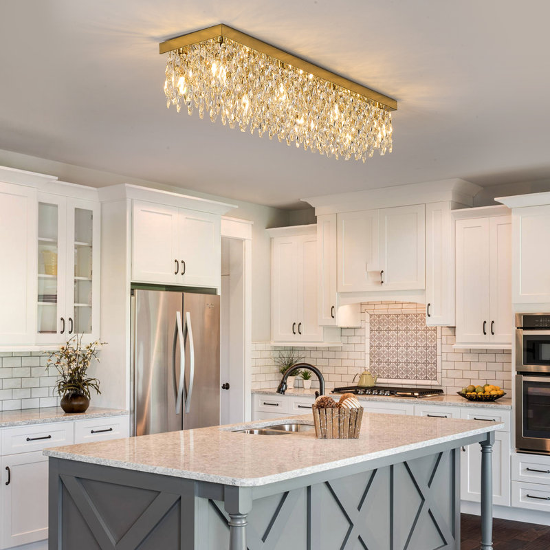 40" Gold Rectangular Flush Mount Crystal Ceiling Light, 8-Light K9 Crystal Chandelier For Dining Room, Living Room, Kitchen, Modern Luxury Lighting Fixture, E12 Base (Bulbs Not Included)