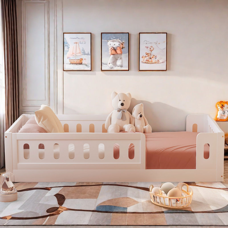 Wooden Platform Bed With Semi-enclosed Fence, White