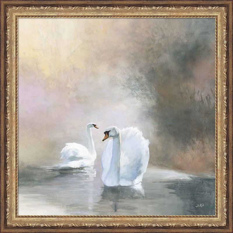 " Swans In Mist " by Julia Purinton, Brown Framed