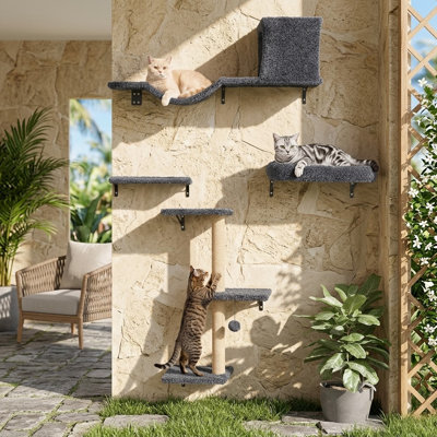 Cat Wall Shelves, Stable 4-in-1 Wall-Mounted Furniture Set, Wooden Kitten Climbing Wall with Scratching Post, Gray