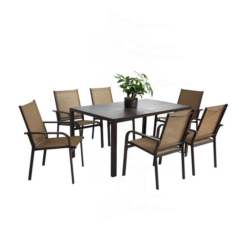 Ensemble de salle à manger 7 pièces, table de jardin et 6 chaises en textilène, ensemble de conversation avec table rectangulaire et 6 chaises empilables