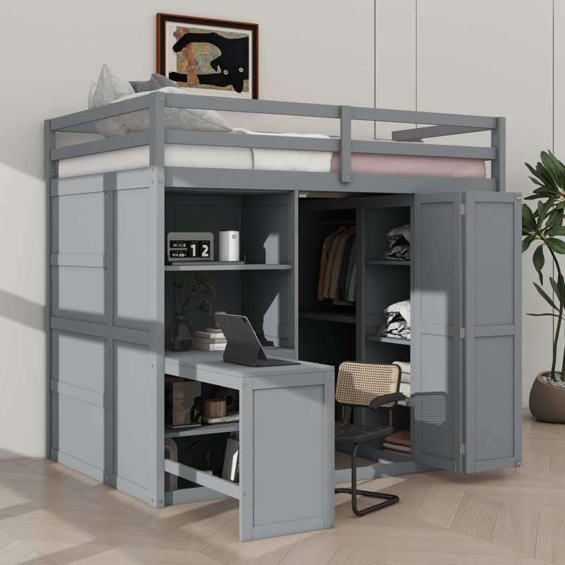Lit mezzanine double avec garde-robe, bureau et tablettes, gris