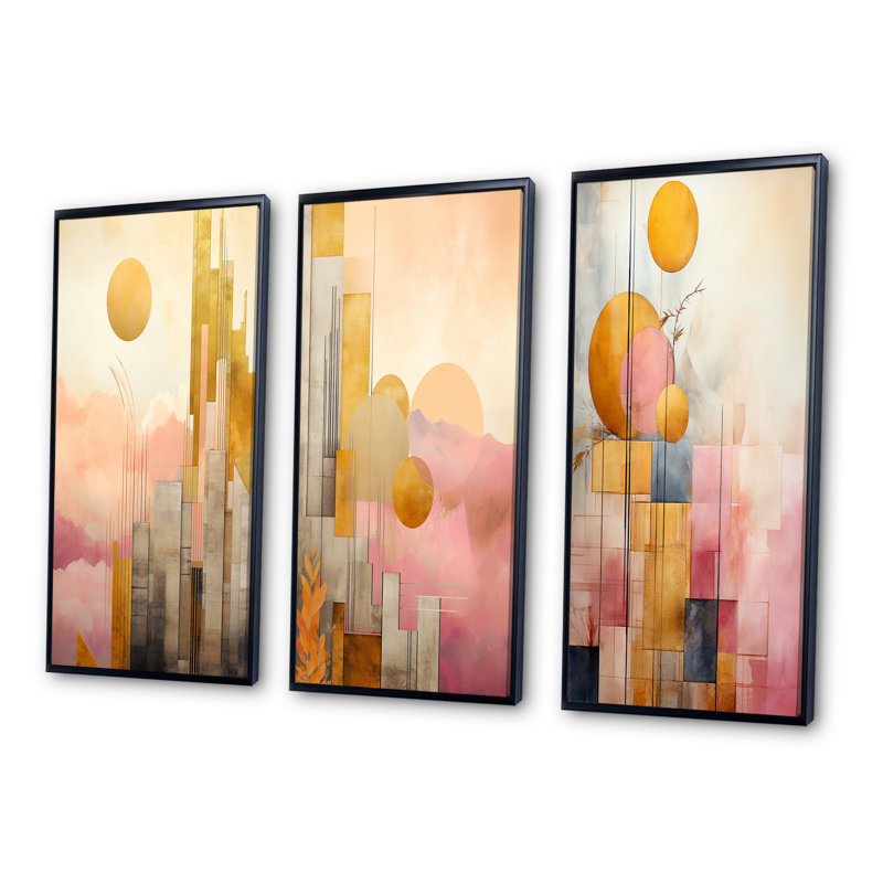 «Golden Moon Dreams Retro Illustration III», 3 pièces, Cadre flottant noir, H 28 po x l 36 po