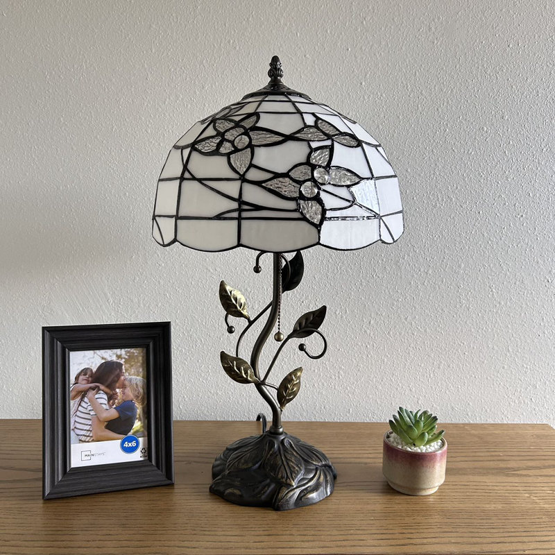Meryem Tiffany Table Lamp White Stained Glass Flowers Iron Metal Leaves Included LED Bulb 22"H*12"W*12"D