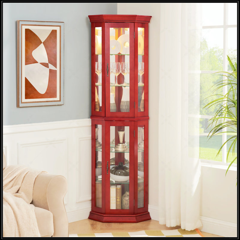 Corner Curio Cabinet Lighted Corner Display, Cherry