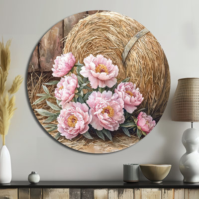 Pivoines par la pile de balles de paille - pivoines rondes, art mural en métal rose traditionnel