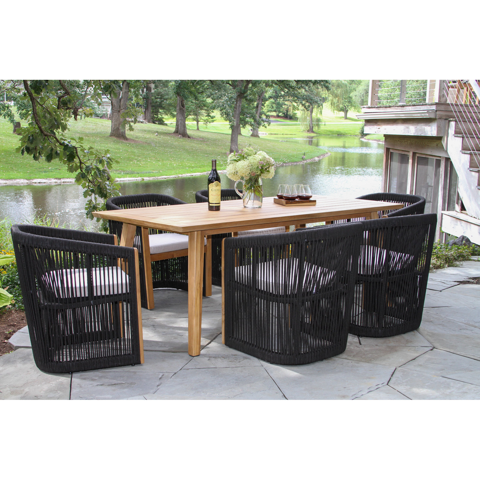 Aniston 7 Piece Teak & Rope 78.5" Dining Set with Sunbrella Cushions