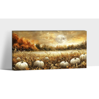 Art mural grand champ d'automne - citrouille Patch photos, art mural sur toile pleine lune d'automne pour le salon, peinture de la récolte de l'Action de grâce pour la décoration murale, toile tendue, cadre en pin, 30 po x 60 po
