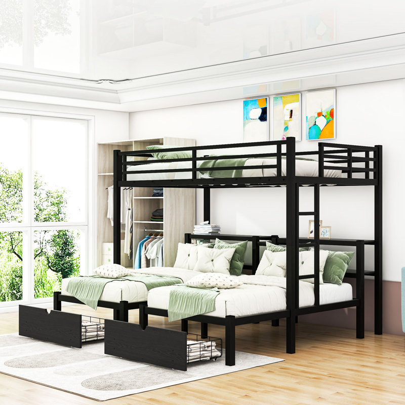 Full XL Over Twin & Twin Triple Bunk Bed with Drawers and Shelves