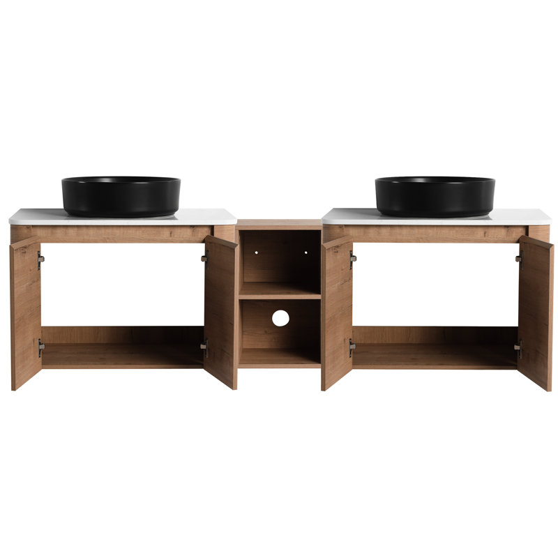Meuble-lavabo de 183 cm avec lavabo en céramique décorative, 1 tablette de rangement, 4 portes à fermeture amortie, base en contreplaqué – Style de salle de bain contemporain, imitation chêne, dalle en pierre blanche, charnières silencieuses pour un gain de place