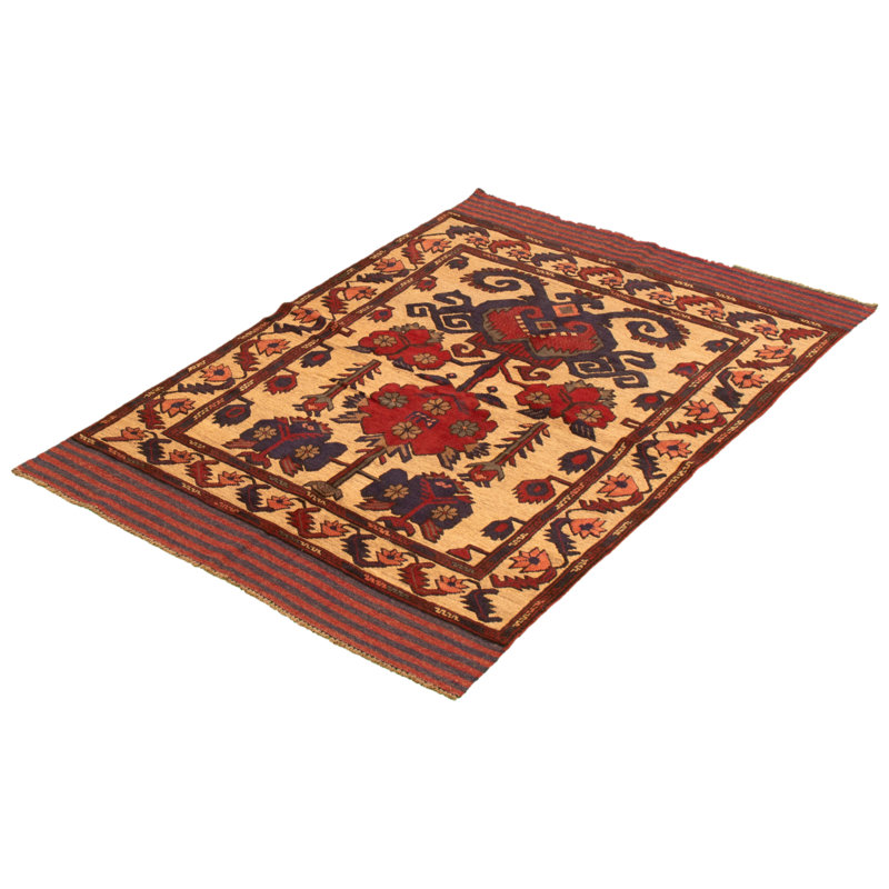 Tapis décoratif en laine de conception unique 4 pi 1 po x 6 pi Chastelyn noué à la main New Age en laine beige/rouge/bleu marine