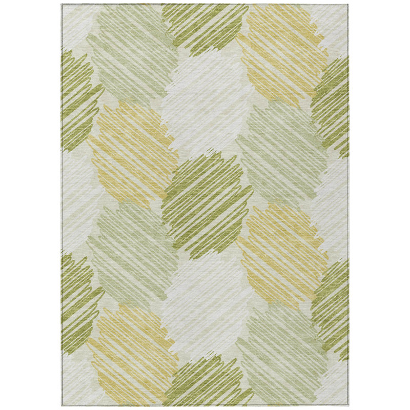 3' X 5' Green Ivory And Gold Geometric Washable Indoor Outdoor Area Rug