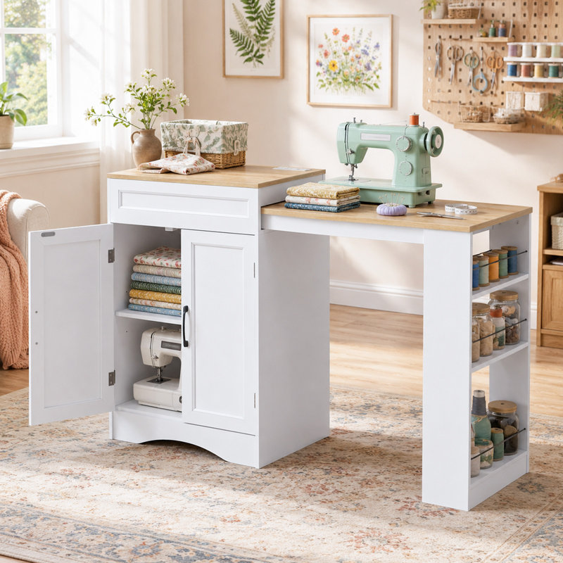 Table de couture extensible 49 po avec armoire de rangement et station de charge, station de bricolage multifonctionnelle avec tablette latérale à 3 niveaux, station d'alimentation cachée pour animaux