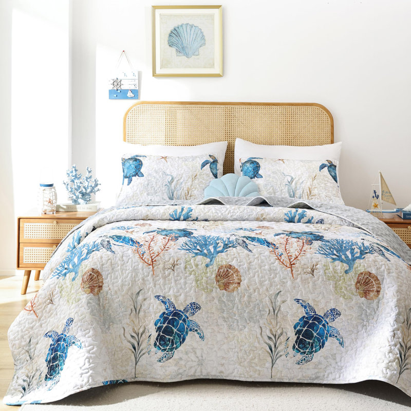 Coastal Quilt Set 3 Pieces - Bedding Lightweight Ocean Print Quilt With Two Pillowcases, Sage Green Turtle