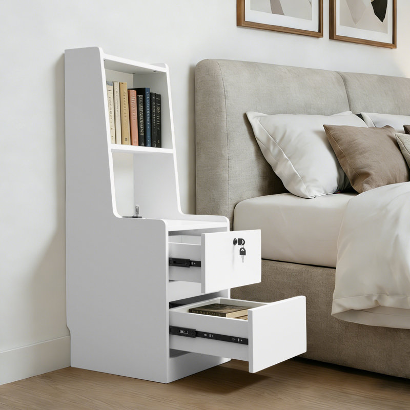 Table de chevet moderne avec tablettes et veilleuse USB intégrée, tiroir verrouillable et éclairage de nuit réglable, Blanc